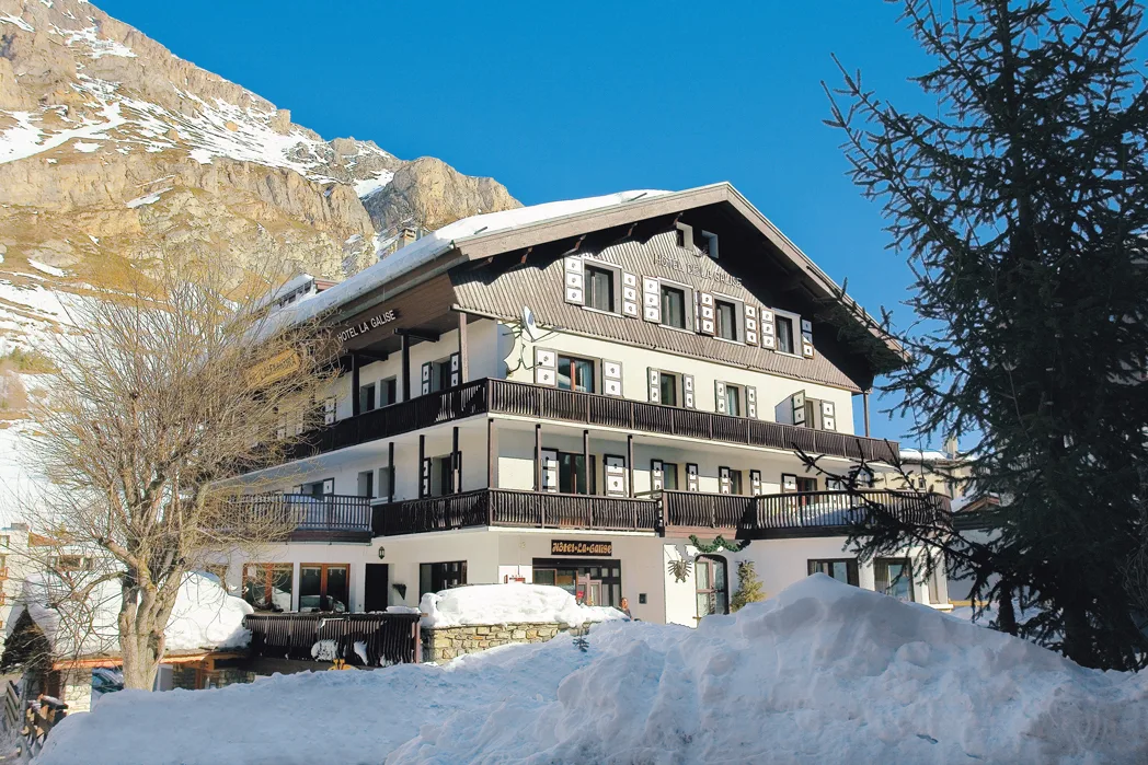 The front of Hôtel La Galise in the snow, Val d'Isère
